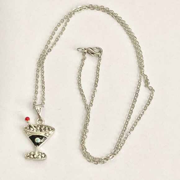 Martini Cocktail Drink Cup Glass Charm Necklace Pendant Black Enamel 18" Chain - Picture 6 of 9